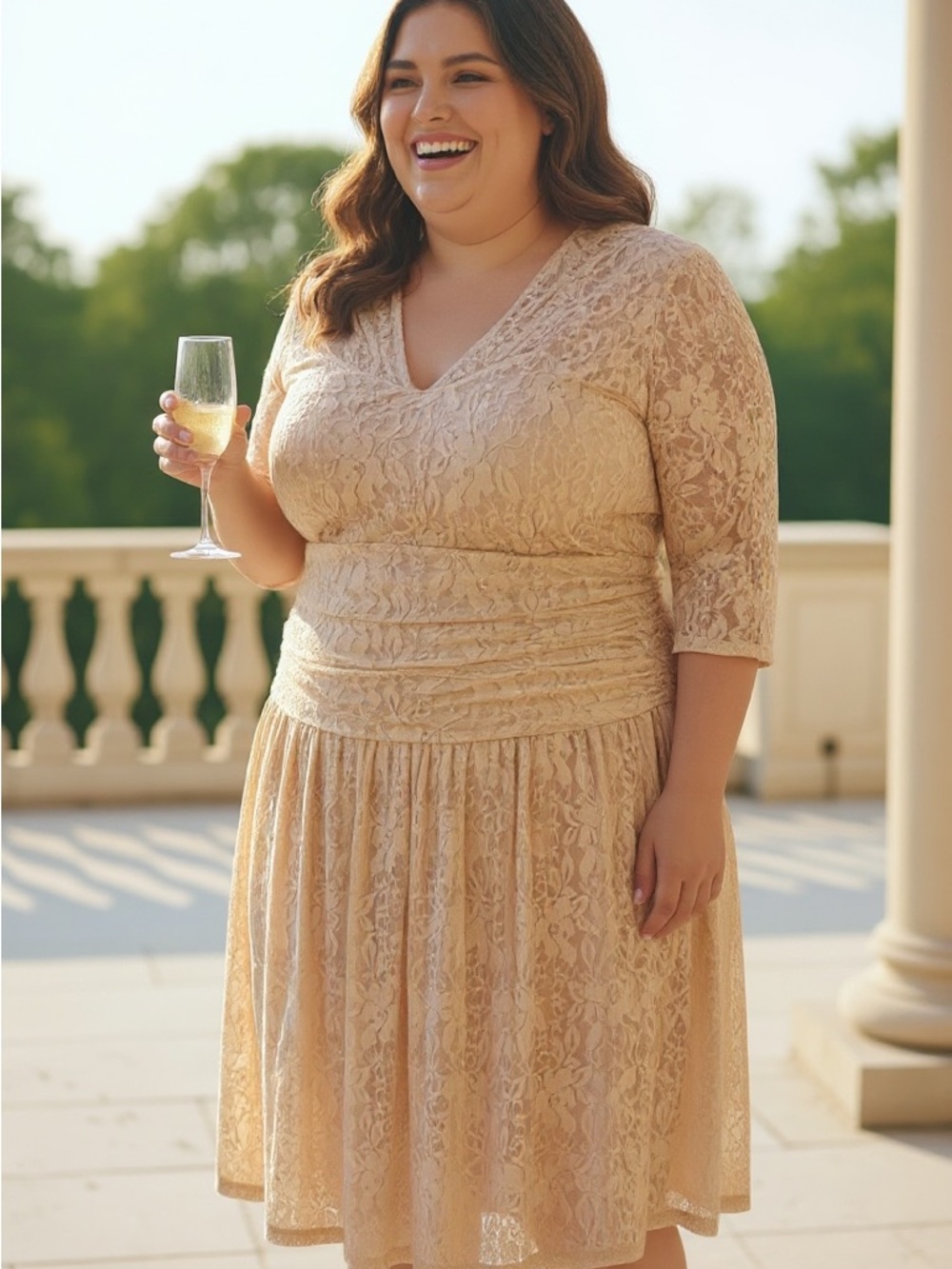 Kiyonna Champagne Lace V-Neck Ruched Midi Dress